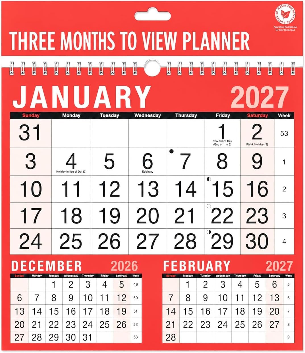 2027 Calendar Talon Large 3 Month to View Spiral Bound Wall Planner
